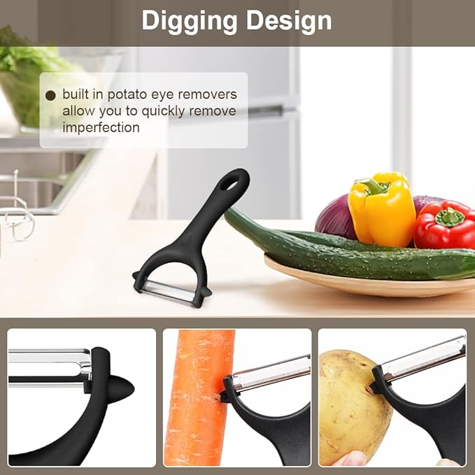 AUAUY 2PCS Potato Peeler, Y and I-Shaped Swivel Vegetable Peeler Set, Fruit Peeler for Kitchen, Non-Slip Grip Peeler, Ergonomic Handle Sharp Blade Stainless Steel Peeler（Black）