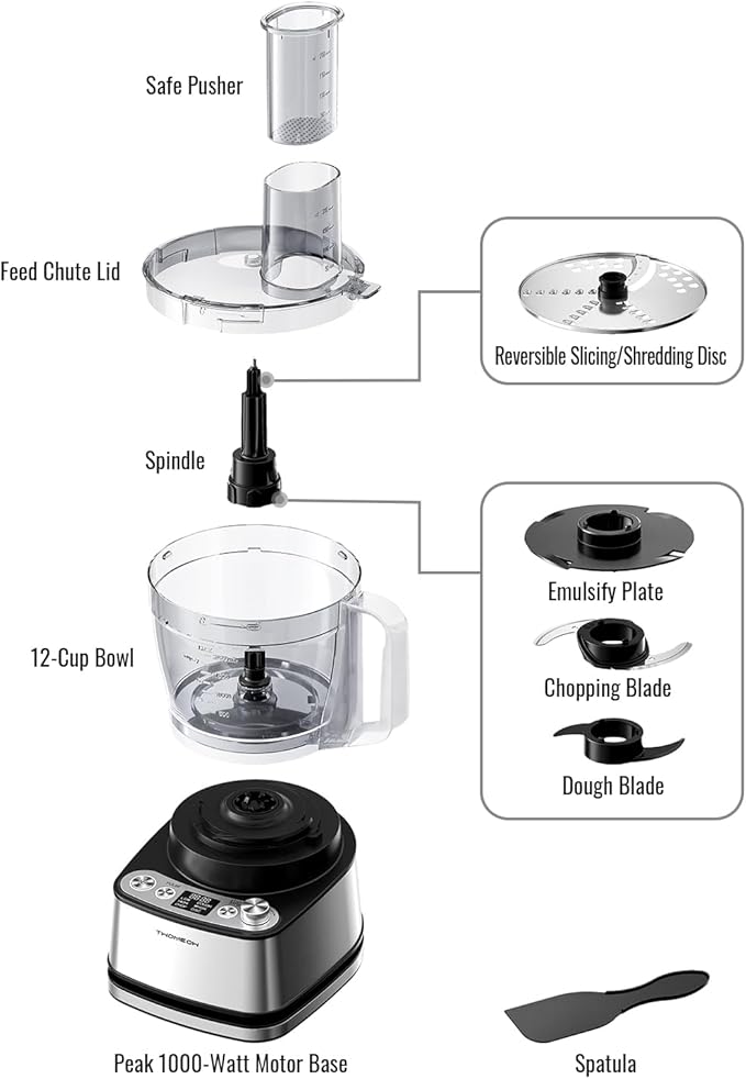 Food Processor, 4 Programs & Pulse,1000W Max Power,12 Cups Total Volume for Slicing, Mincing, Dicing, Shredding, Puree, Dough and Vegetable Chopper Clean Bowl Scraper, Stainless Steel
