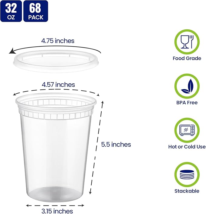 AOZITA 68 Sets 32 oz Plastic Deli Containers With Lids, Airtight Food Storage Containers, Freezer/Dishwasher/Microwave Safe, Takeout Meal Prep Storage