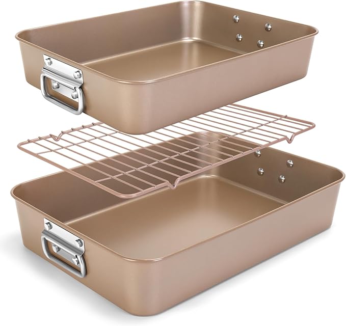 Roasting Pans with Handles, Bakeware Nonstick Steel Roaster with Flat Rack, Lasagna Pan 3 Inch Deep Baking Pan for Oven, Rectangle Cake Pans, Heavy Duty, Dishwasher Safe, 2 Pcs 13.7"16", Gold