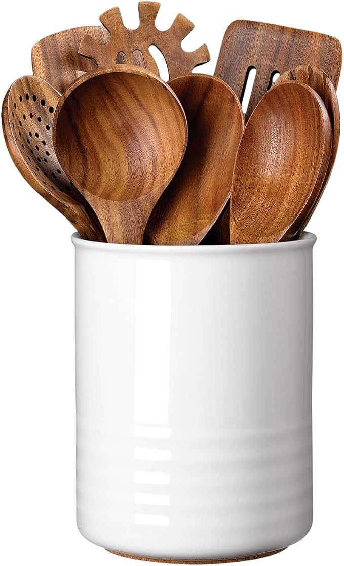 Utensil Holder, 6.7" Ceramic Kitchen Utensil Crock for Countertop Cooking, Modern Utensil Caddy Jar Organizer for Farmhouse Kitchen Counter Decor (White)
