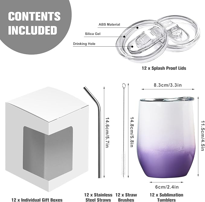 BetterSub 12 Pack 12oz Pink Gradient Wine Tumblers - Double Wall Insulated Sublimation Blanks, Stainless Steel Cups, No Glitter, Include Lid, Metal Straw, Brush, Display Box (12Pack Gradient Color)