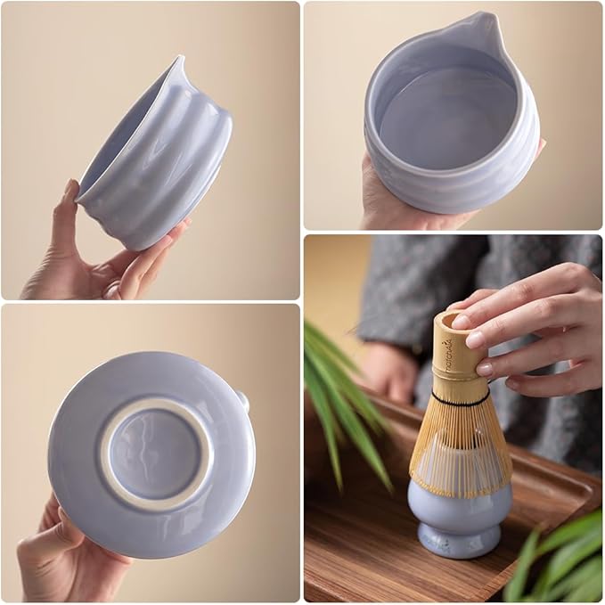 Matcha Whisk Set - Ceramic Bowl, Bamboo Whisk with Holder, Storage Canister, Sifter, Schima Spoon with Rest, Tea Towel - 8 Pcs Complete Kit for Traditional Matcha and Modern Lattes (Purple)