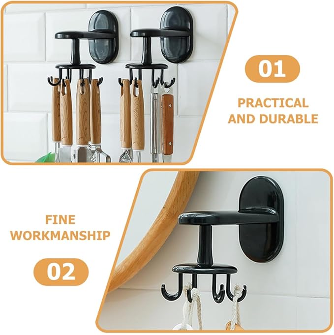 OUNONA Rotatable 8-Claw Adhesive Wall-Mounted Utensil Hook Black, Non-Punch Kitchen and Bathroom Hanging Organizer for Cooking Tools and Storage