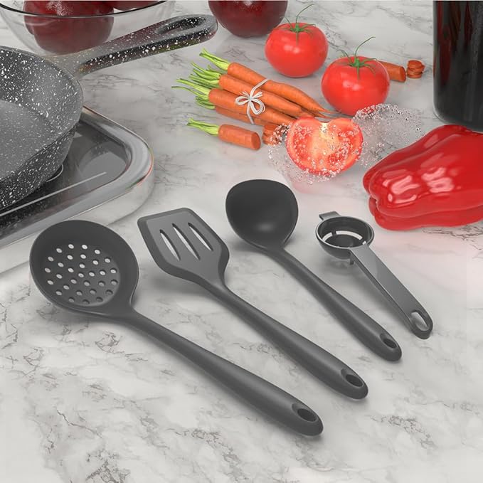 AOTHOD Silicone Cooking Utensils Set - 446°F Heat Resistant Kitchen Utensils,Spatula Sets,Turner Tongs,Spoon,Kitchen Utensil Gadgets Tools Set for Nonstick Cookware,Dishwasher Safe BPA Free (Gray)