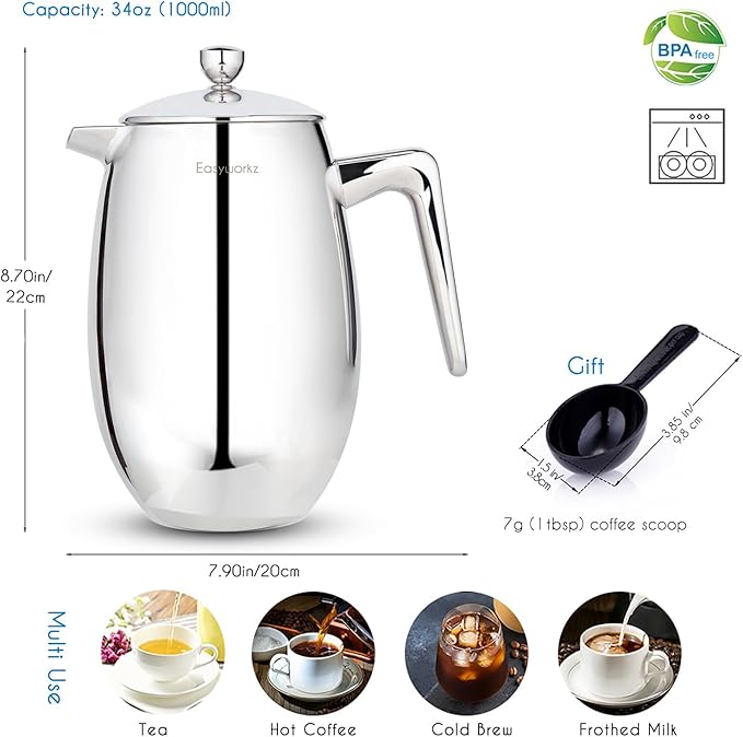 Easyworkz Nando French Press 34 oz Double Wall, Bundled with Retro Stainless Steel 10g Measuring Coffee Spoon, Silver