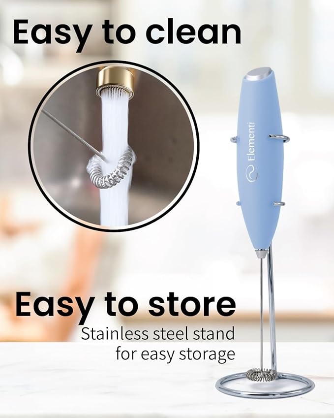 Elementi Electric Milk Frother Handheld - Create Creamy Coffee, Delicious Matcha and Perfect Drinks - Compact Whisk & Mixer with Stand (Pastel Blue)