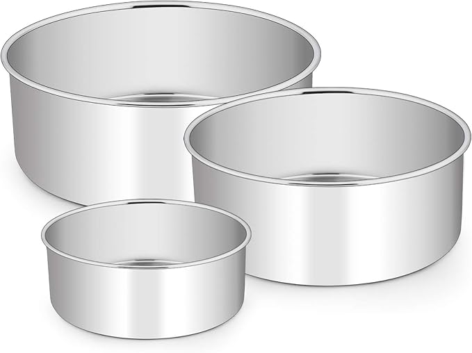 E-far Cake Pan Set of 3 (4’’/6’’/8), Deep Stainless Steel Round Cake Pans Tins for Wedding Birthday, Non-toxic & Dishwasher Safe, Mirror Finish & Straight Side