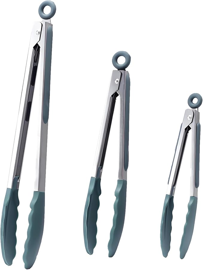 Kitchen Tongs with Silicone Tips,Tongs for Cooking Heat Resistant 600 Degrees Stainless Steel Locking Tongs,Dark green Set of 3-7", 9" and 12"