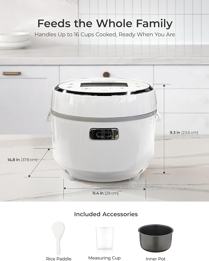 CUCKOO Micom Rice Cooker 8-Cup Uncooked / 16-Cup Cooked with Nonstick Inner Pot, Large Rice Maker with 9 Menu Options, Fuzzy Logic Technology, Auto Clean Mode, LCD Display, White (CR-0810F)