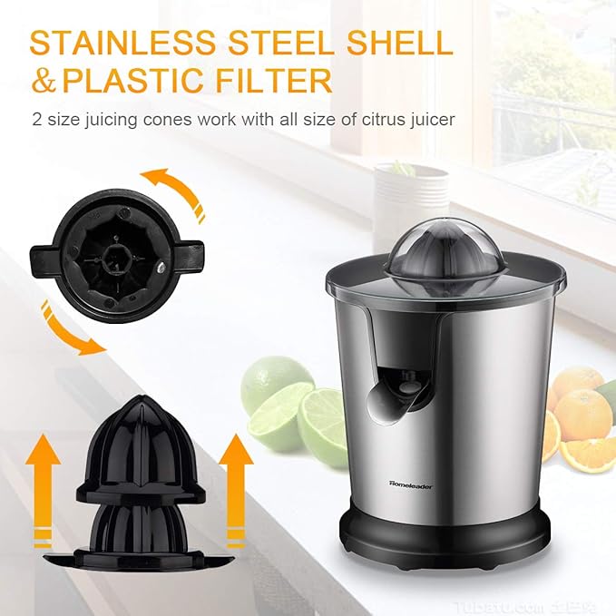 Homeleader Electric Citrus Juicer, Lemon Squeezer with Stainless Steel, Orange Squeezer with Two Cones, Powerful Motor for Grapefruits, Orange and Lemon, Black