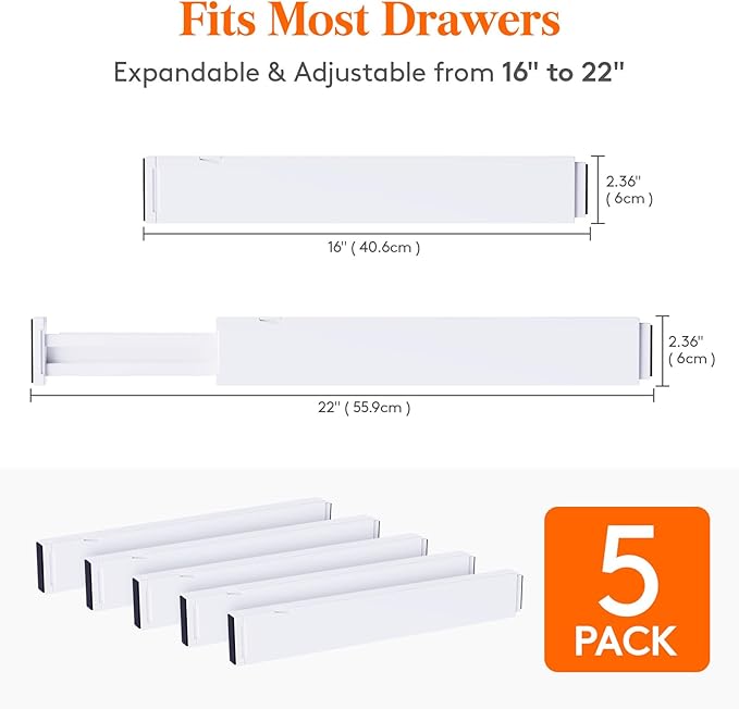 Lifewit Silverware Drawer Organizer, Expandable Utensil Tray for Kitchen, 5 Pack Kitchen Drawer Dividers 2.36" High, 16"-22" Adjustable Drawer Organizer