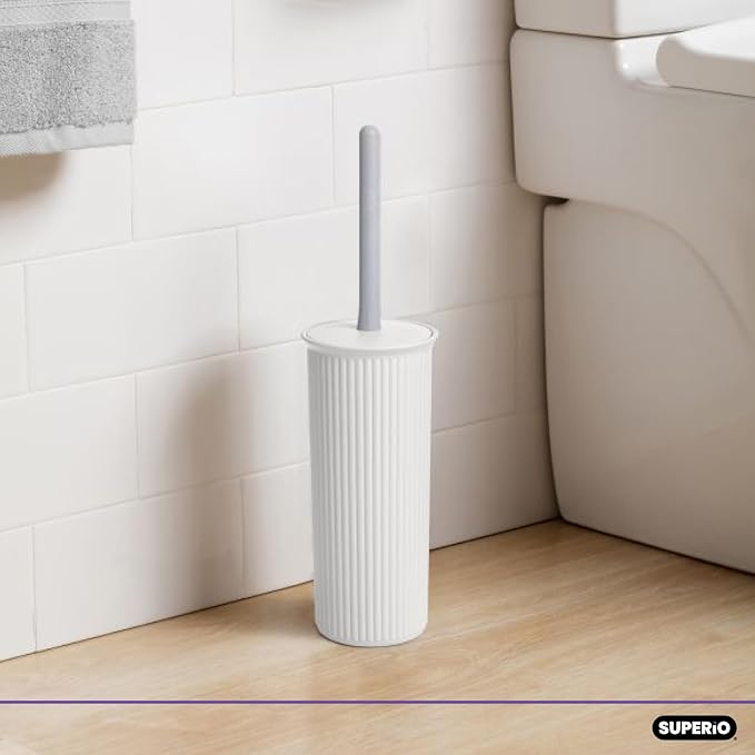Superio Ribbed Collection - Decorative Plastic Toilet Bowl Brush and Holder Set, White (1 Pack) Cleaner Scrubber for Bathroom