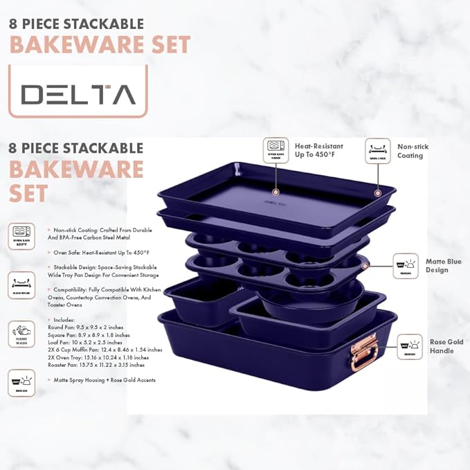 Stackable Nonstick Bakeware Set, 8 Piece Baking Pan Set, Oven Safe Carbon Steel, Includes Cookie Sheet, Muffin Pan, Loaf Pan & Roaster