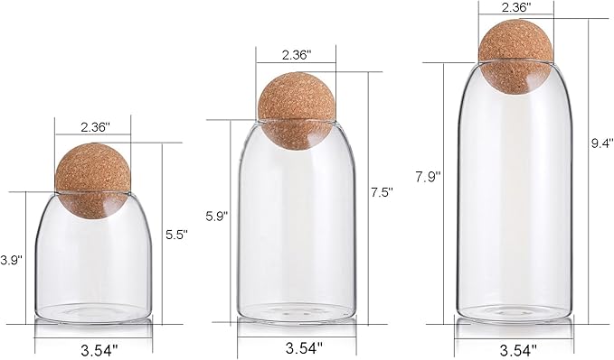Suwimut 3 Pack Glass Storage Jar with Ball Cork Lid, Clear Glass Canisters with Cork Ball, Cute Decorative Round Glass Bottles with Airtight Wooden Lid for Spice, Sugar, Salt, Tea, Nuts, Coffee Beans