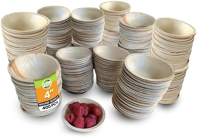 Raj Disposable Palm Leaf Bulk Bowls (400 Count, 4" Bowls) Strong Bowl Like Bamboo Party Bowl - Decorative Compostable Tableware for Lunch, Dinner, Birthday, Camping, Outdoor, BBQ, Picnic
