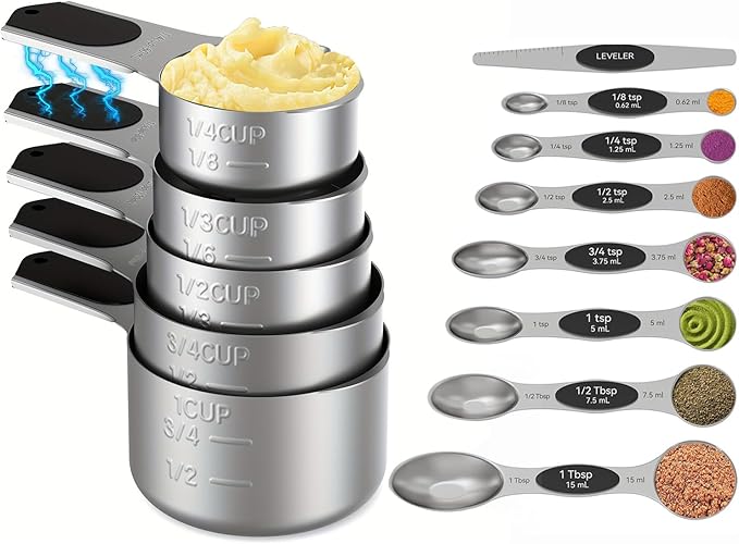 Magnetic Measuring cups and spoons Set, 304 Stainless Steel 5 Magnetic Measuring Cup and 8 Double Sided Measuring Spoons with 1 Leveler，Kitchen Gadgets for Cooking & Baking