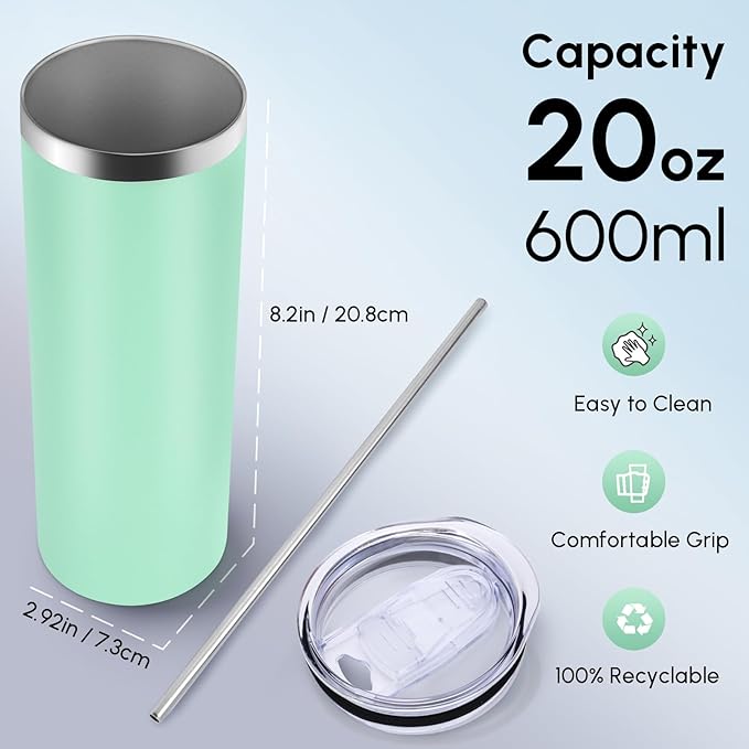 Volhoply 12 Pack Skinny Tumblers with Lid and Straw, 20oz Stainless Steel Straight Tumbler Bulk, Vacuum Insulated Coffee Mug for Home, Office, Travel, DIY (Mint,12 Pack)