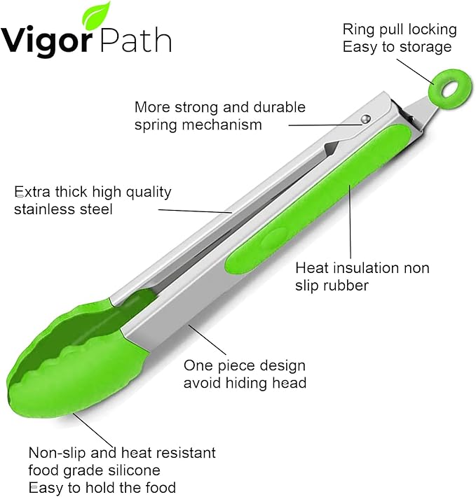 2-Pack of 9" (Small) & 12" (Large) Kitchen Tongs Set: Non-Stick Silicone-Stainless Steel Cooking Tongs, BPA Free, Heat Resistant (480°F) - Non-Slip Grip & Locking Metal Food Tongs (Green)