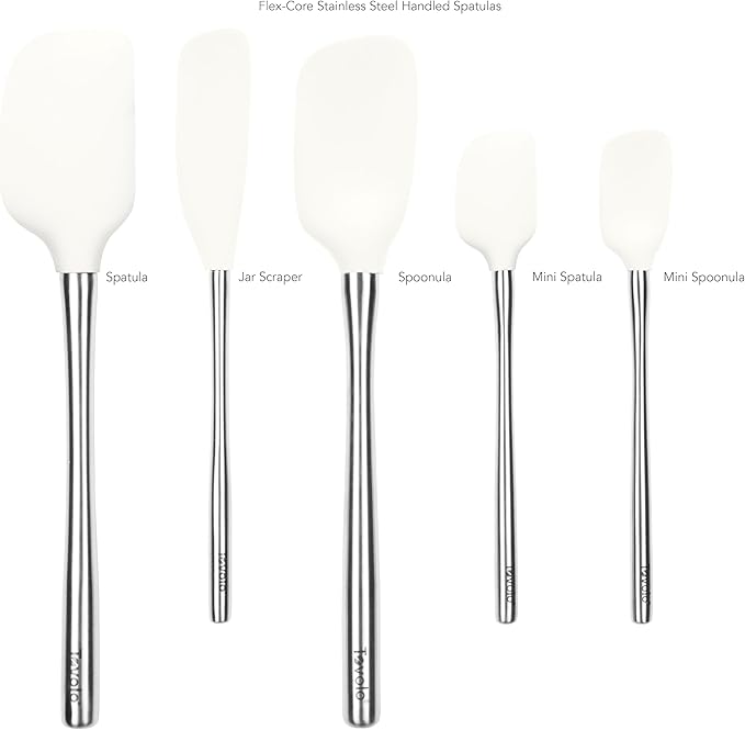 Tovolo Stainless Steel Handled Silicone Spatula Set of 5 White, Dishwasher Safe Kitchen Spatula Set for Cooking Baking, Non Toxic BPA Free Silicone Spatula set with Metal Steel Handle