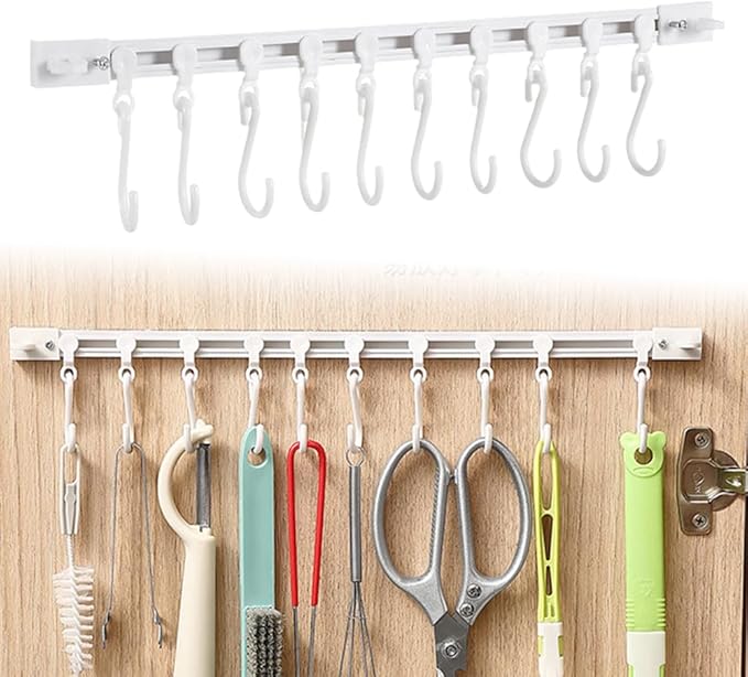 Multifunctional Slide Rail Hook,Kitchen Utensil Hanging Rack Wall Mounted Hanger,Space Saving Utensil Holder with 10 Hooks ,Sliding Track Hook No Drilling Hanger for Home Office (Length 30cm/1pcs)