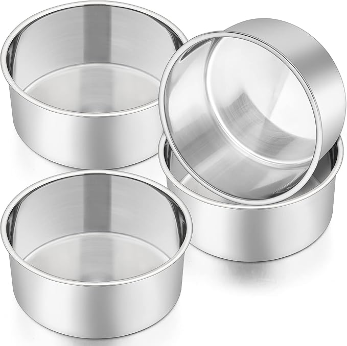 P&P CHEF 6 Inch Cake Pans Set, Round Baking Pan Stainless Steel Layer Birthday Wedding Cake Oven Pans, Non Toxic & Heavy Duty, Deep Side & Mirror Finish, Dishwasher Safe, (4Pcs)
