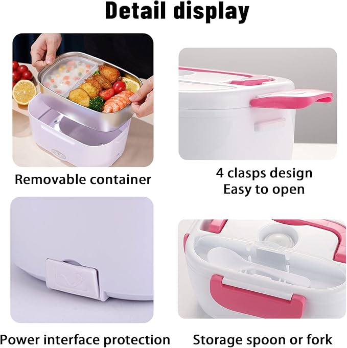 Electric Lunch Box 2 In 1 Food Heater 12V 24V 110V Portable Food Warmer for Car and Home Removable Stainless Steel Heated Bento Box (Pink)