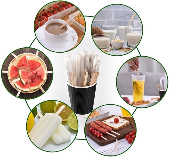MFJUNS 1000pcs Individually Wrapped Coffee Stirrers Wood - 5.5" Coffee Stir Sticks, Round End Disposable coffee stirrer, For Coffee, Cocktail and Hot Drinks