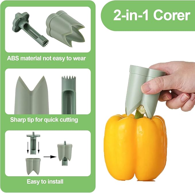 Pepper Corer,Chili Seed Remover Tool,Durable ABS Kitchen Gadget for Bell & Chili Peppers, 2-in-1 Design, Easy Twist Use, Ideal for Home Cooking, Camping(Green)