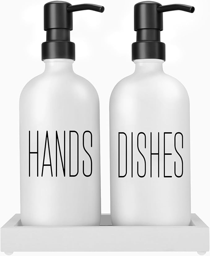 White Glass Hand Soap Dispenser and Dish Soap Dispenser for Kitchen| Kitchen Soap Dispenser Set |Black Soap Pumps Dispenser Set| Perfect for Luxury Kitchen Counter Décor