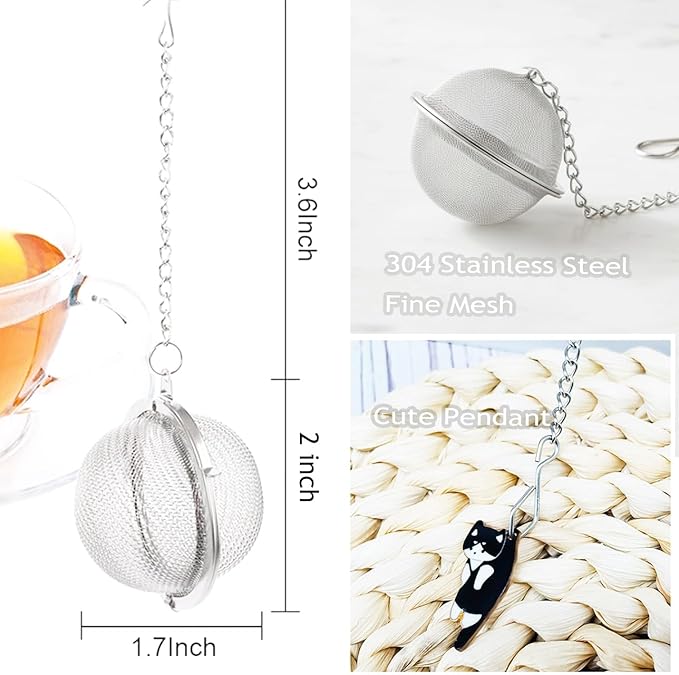 Cat Tea Infuser, 2 Pcs Cute Tea Diffuser Stainless Steel Mesh Loose Leaf Tea Infusers Tea Ball Strainers with Cat Pendants (Black&Orange Cats)
