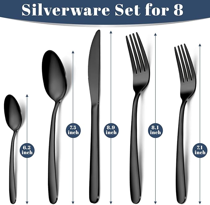 Hunnycook Silverware Set - 40PCS Stainless Steel Silverware Set for 8, Includes Forks Spoons and Knives, Utensil Sets for Home Kitchen Restaurant, Dishwasher Safe, Black