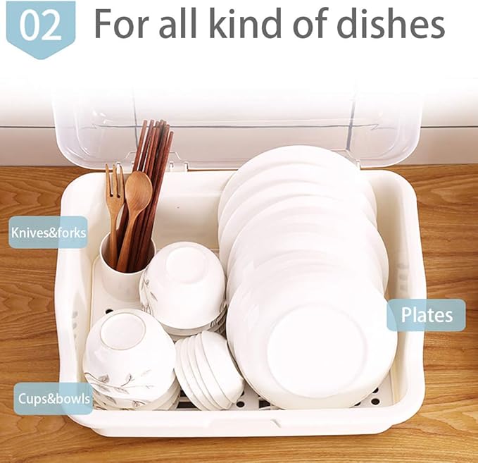 Tomorotec Medium Size Dish Drying Rack and Drain Board with Lid Cover, 16" x 12.2" x 10.6" Nursing Bottle Holder, Kitchen Plate Cup Tray Cutlery Drainer