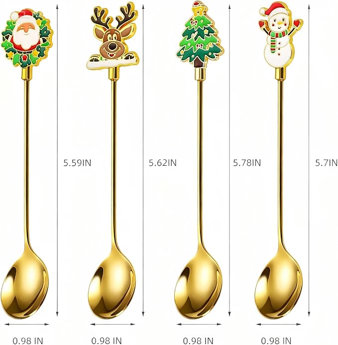 Christmas Teaspoon Gift Set of 4 | Premium 304 Stainless Steel Mirror Finish & Rust-Resistant | Small Spoon for Tea, Dessert & Coffee | Dishwasher Safe Hostess & Holiday Gift | Christmas Table Decor