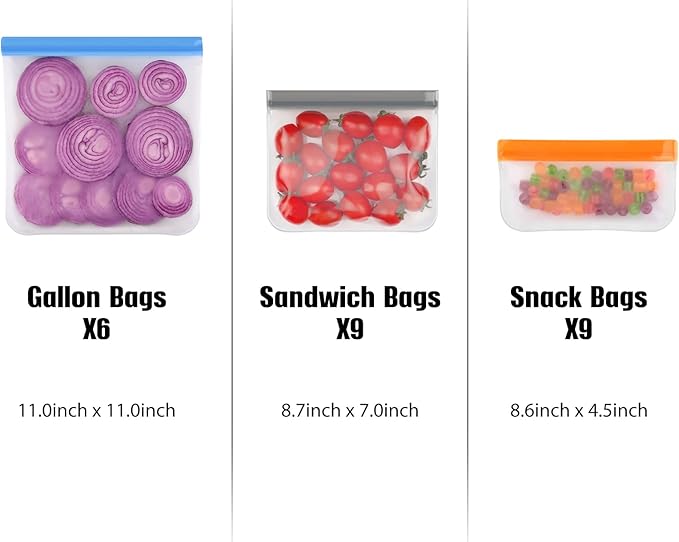 Lerine 14 Pack Reusable Gallon Freezer Bags Dishwasher Safe, BPA Free Reusable Freezer Bags 1 Gallon, Leakproof Food Storage Bags for Meal Prep, Fridge Kitchen Organization (Gray, 14Gallon)