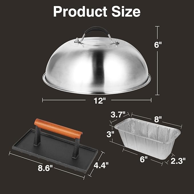 SHINESTAR Cast Iron Griddle Press with 12-Inch Melting Dome for Blackstone, Perfect for Bacon, Burger, Panini, Come with 20-Pack Grease Cup Liners
