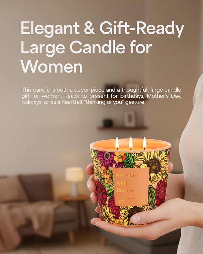 Wild Flowers Scented Candle, 30oz Natural Soy Wax, Large 3 Wicks Luxury Aromatherapy | Natural Candles Non-Toxic | 100+ Hour Clean Burn,Long Lasting Big Candles for Home Decor,Stress Relief,SPA