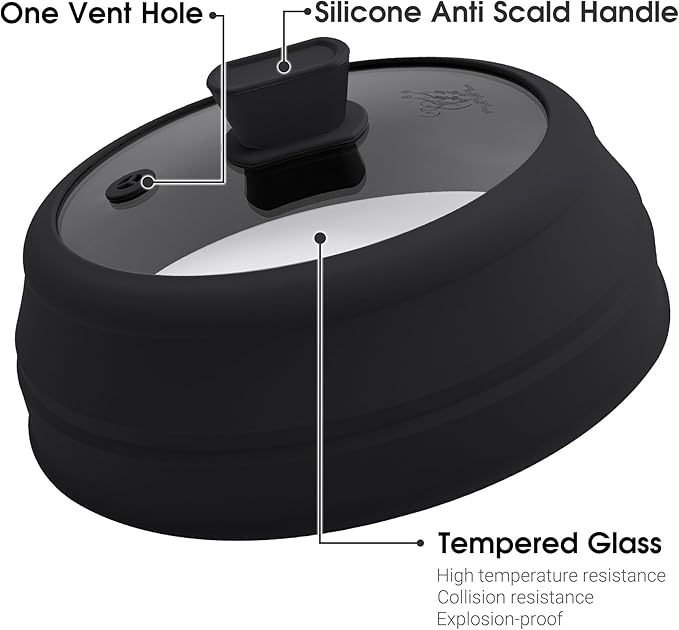 Microwave Splatter Cover Microwave Cover for Food 9 Inch Collapsible Glass Microwave Cover with Handle Silicone microwave splatter cover for Home Kitchen (Black)