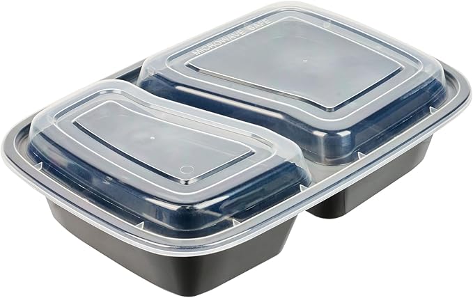 Restaurantware Asporto 32 Ounce Compartment Take Out Boxes 100 Microwavable Meal Prep Containers - 2 Compartments With Clear Plastic Lids Black Plastic Food Containers Do Not Contain BPA