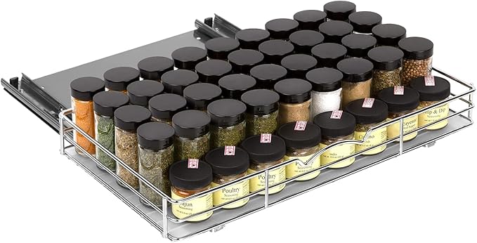 Pull-Out Cabinet Spice Rack Organizer - Slim Slide-Out Storage for Spices, Bottles & Jars, Premium Heavy-Duty Steel, Easy Install for Narrow Kitchen Cabinets - 18 ⅜ W x 10 ½ D x 2 ¾ H, Chrome