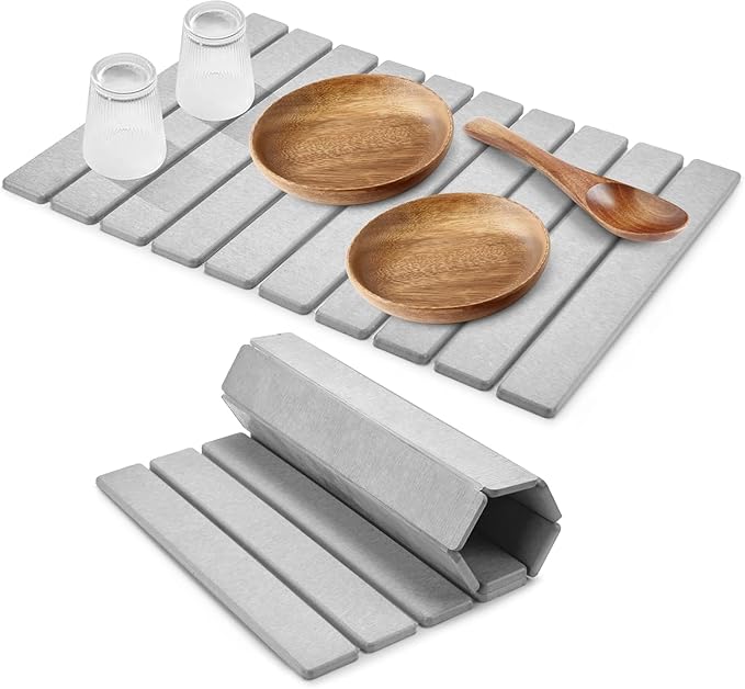 Large Stone Dish Drying Mat for Kitchen Counter – 24"(L)×16 (W) Foldable Absorbent Diatomaceous Earth Dish Drying Mats, Grey Kitchen Counter Mats for Dishes Bottles Cups, Match Any Countertop