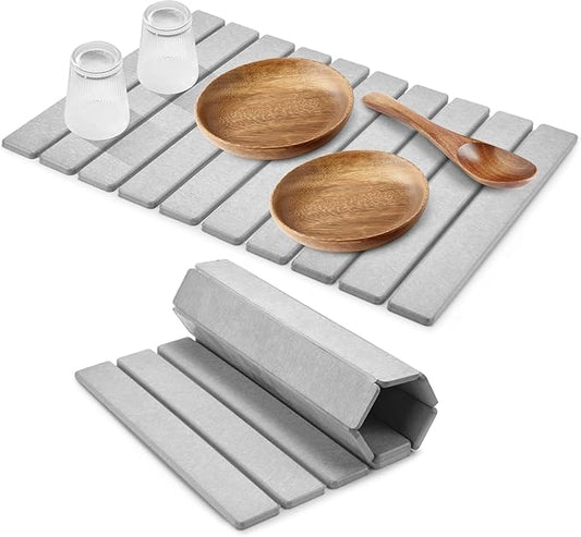 Large Stone Dish Drying Mat for Kitchen Counter – 24"(L)×16 (W) Foldable Absorbent Diatomaceous Earth Dish Drying Mats, Grey Kitchen Counter Mats for Dishes Bottles Cups, Match Any Countertop