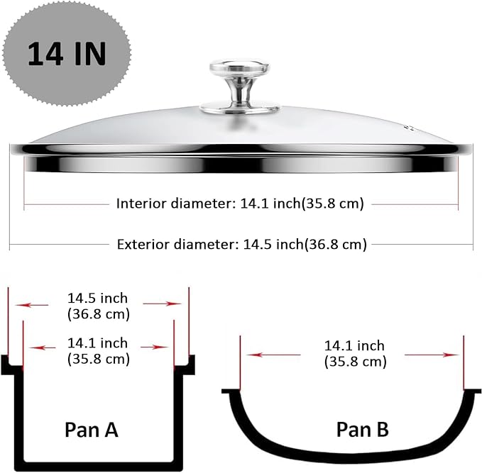 14 Inch Glass Lid For Pots, Pans and Skillets, Clear Glass Lid Replacement with Steam Vent, Stainless Steel Covers, Fit large Frying Pan, Stock Pot and Cast Iron Skillets With Inner dia 14.1-14.4 Inch