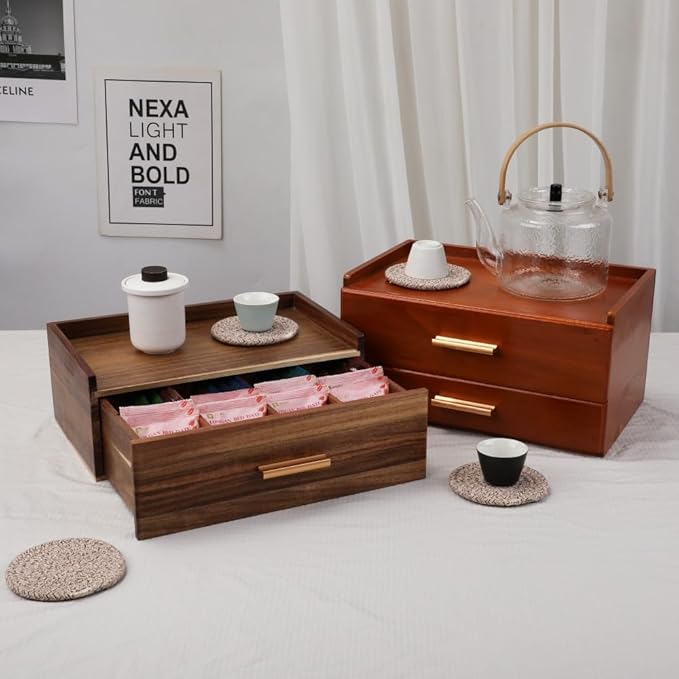 Tea Organizers and Storage Box with Drawer Tea Station organizer for Countertop with 8 Compartments Pine Wood Tea Bag Organizer with Drawer Teabag Holder with 4 Cotton Woven Coasters（Brown02）