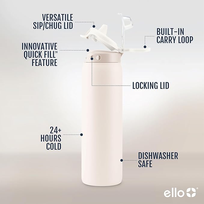 Ello Pop & Fill 32oz Stainless Steel Water Bottle with Quick Fill Technology, Double Walled and Vacuum Insulated Metal, Leak Proof Locking Lid, Sip and Chug, Reusable, BPA Free, Tonal Cream
