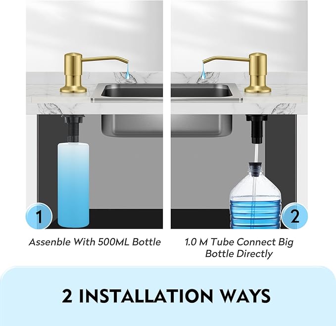 CREA Light Gold Soap Dispenser for Kitchen Sink, Stainless Steel Built-in Sink Soap Dispenser Pump with 17 oz in-Counter Bottle and 39" Extension Tube for Under Sink, Brushed Finish