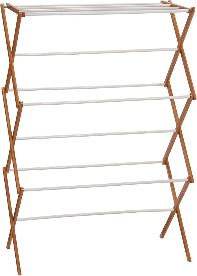 Household Essentials Bamboo Folding Clothes Drying Rack | White Finish, 11 Dowels & Flat Drying Shelf | Eco-Friendly, Collapsible Laundry Rack for Dorms, Apartments & Small Spaces | Fully Assembled
