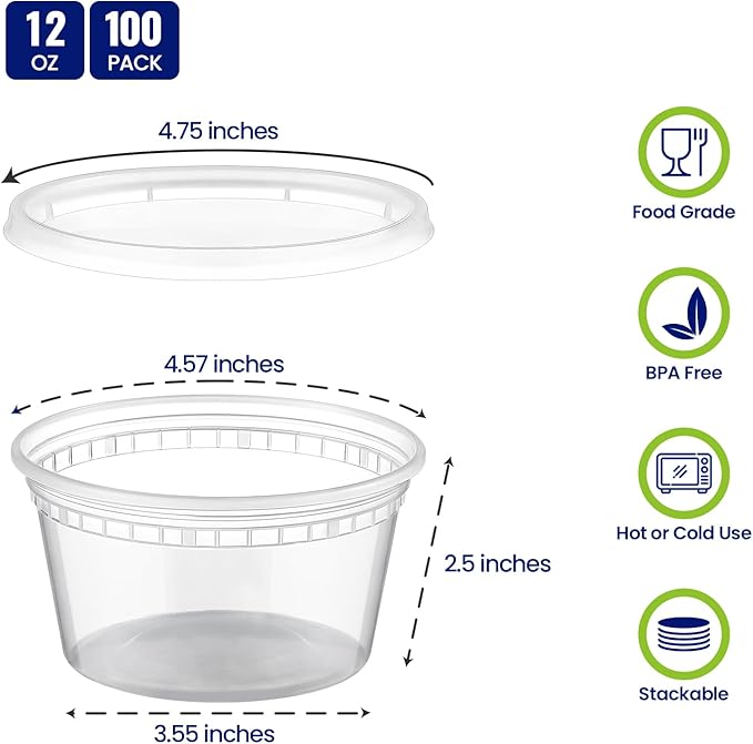 AOZITA 100 Sets 12 oz Plastic Deli Containers With Lids, Airtight Food Storage Containers, Freezer/Dishwasher/Microwave Safe, Takeout Meal Prep Storage