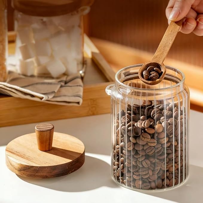 ANSQU Glass Jar with Wooden Lid & Spoon, 20.3oz Food Storage Containers Coffee Jar Coffee Grounds Container, Coffee Canister holds up to 7.4oz Coffee Beans (1 Pack)