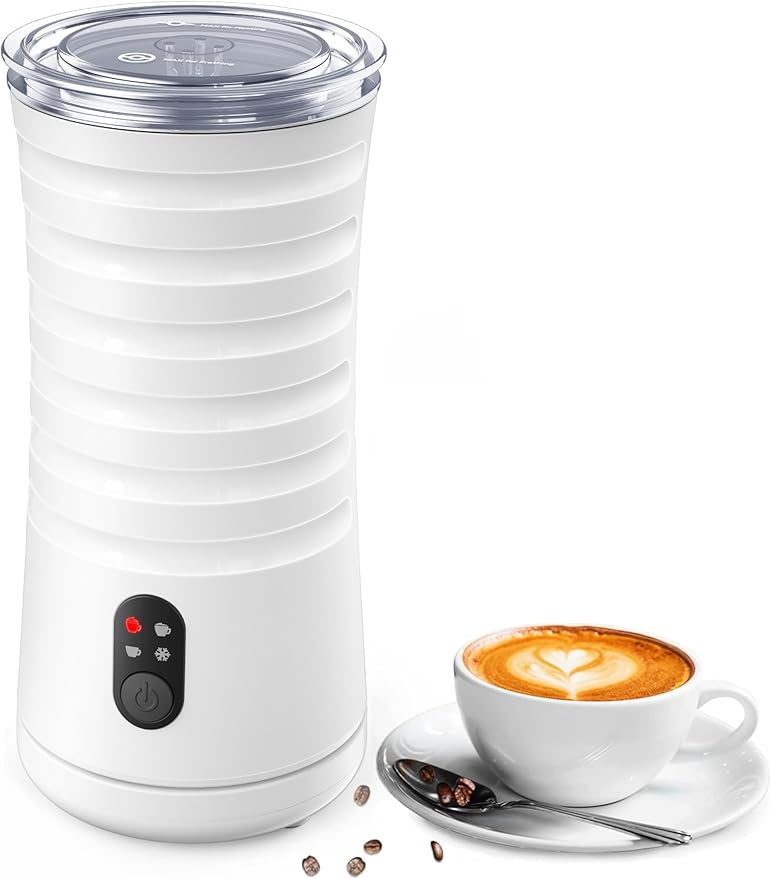 Milk Frother, Automatic Milk Frother Machine 4 in 1 Functions Milk Frother Machine for Coffee, Hot Chocolates, Latte, Cappuccino, Milk Frother 240ml, White